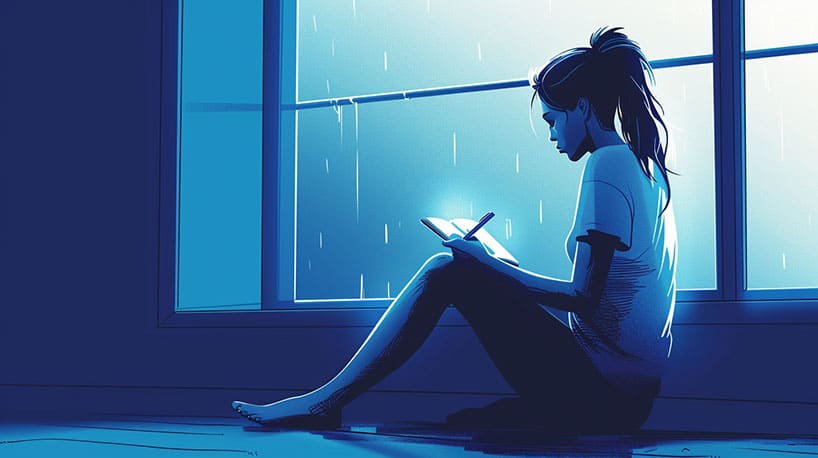 Vrouw schrijft contactadvertentie, reflecterend bij raam, uitdrukking van diepgang.