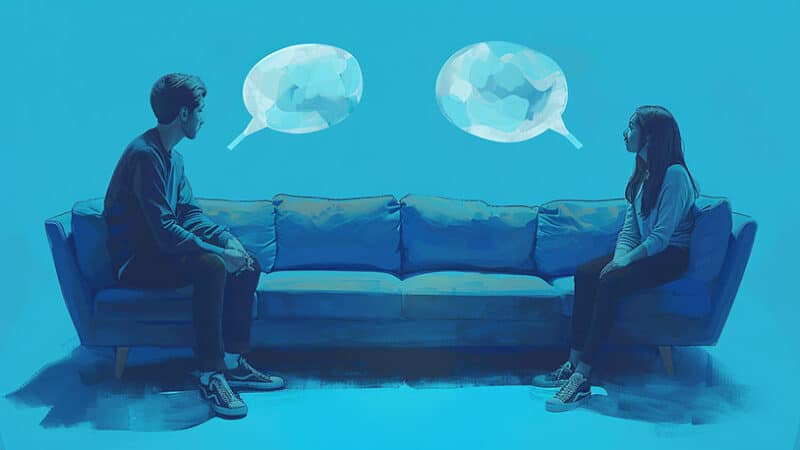 niet meer verliefd: Stel op bank, twijfel uit, communicatie nodig.