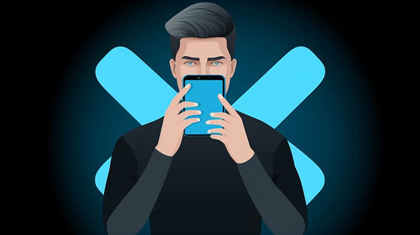 Onbeleefd persoon met smartphone, kruis negeren berichten.