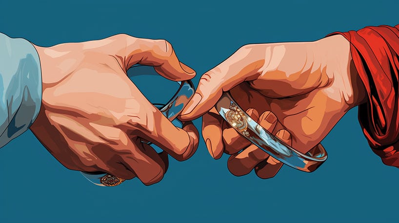 Een close-up van in elkaar verstrengelde handen met trouwringen