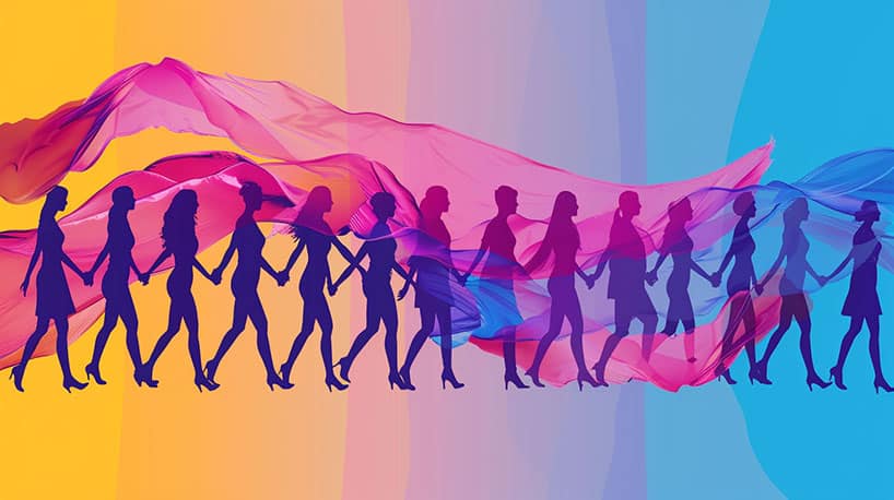 Mensen van verschillende genders hand in hand, omringd door omniseksuele vlag.