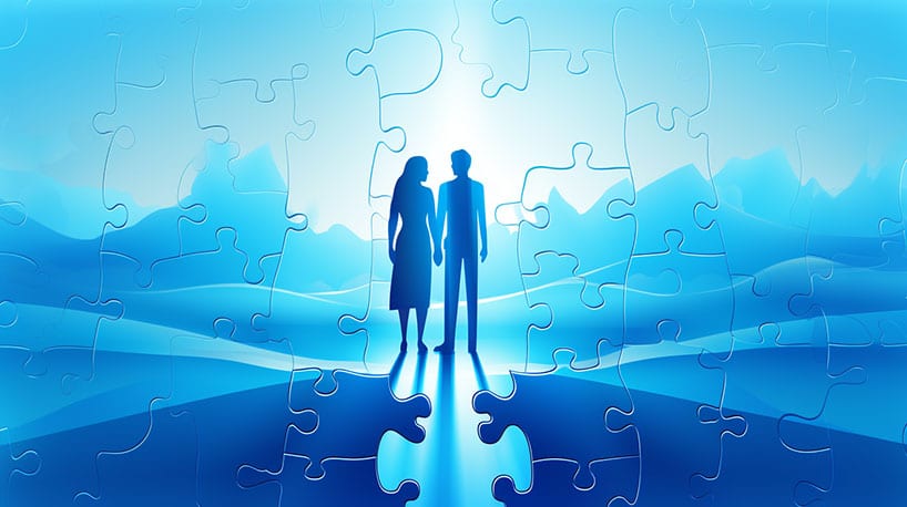 Ontbrekende puzzelstukjes verenigen zich, symboliseren het samen oplossen van verlatingsangst.