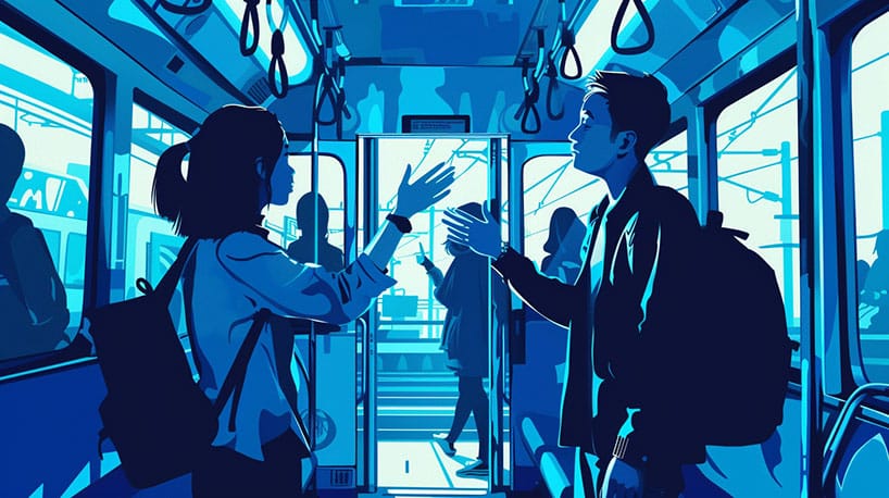 Persoon begint gesprek met medereiziger, benadrukt potentieel voor verbinding