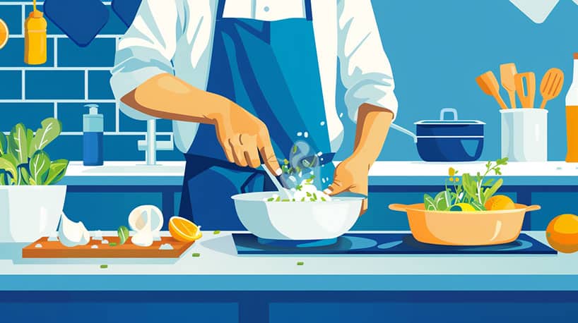 Persoon bereidt lichte, gezonde maaltijd met verse ingrediënten voor.