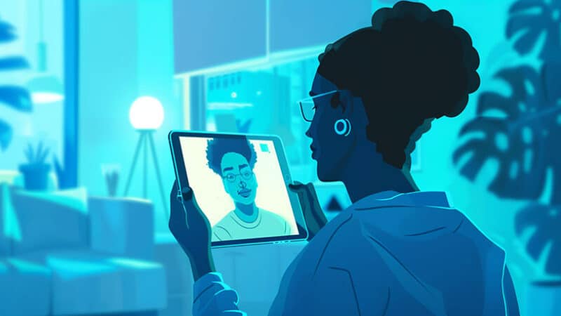 Persoon videochatten via e-Matching app op tablet.