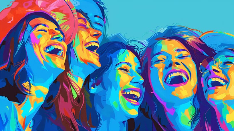 Vrienden lachen en glimlachen samen, stralend van geluk.