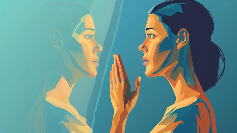 Vrouw ziet foute partners in spiegelbeeld, zelfbewustzijn symboliserend.
