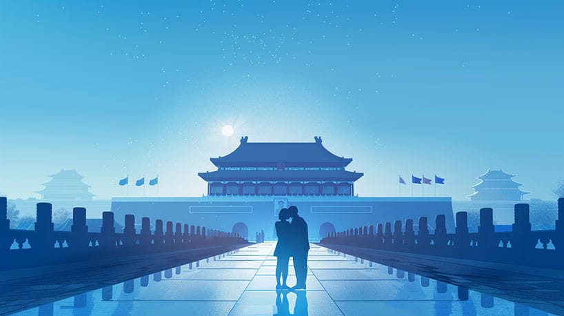 Koppel omarmt elkaar voor Chinees herkenningspunt.