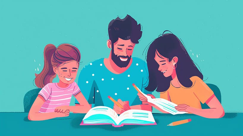 Ouders helpen hun kinderen met huiswerk, benadrukt het belang van educatie.
