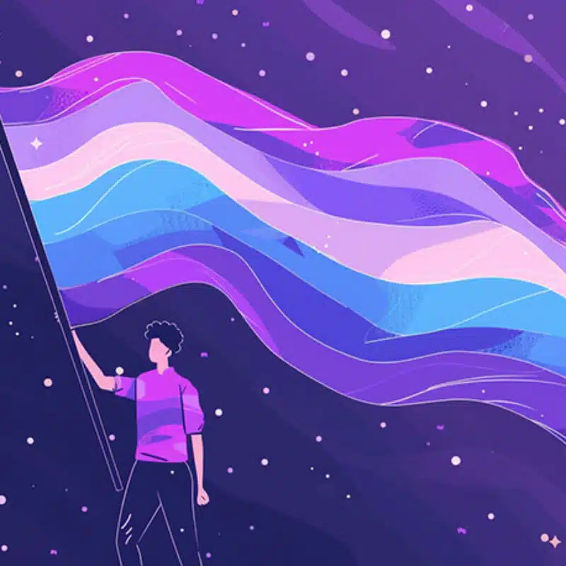 Persoon met vlag in aseksuele kleuren, symboliseert trots en identiteit.