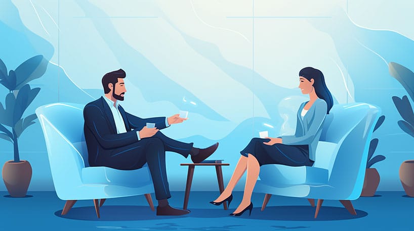 Een persoon voert een betekenisvol gesprek met een relatiebemiddelaar