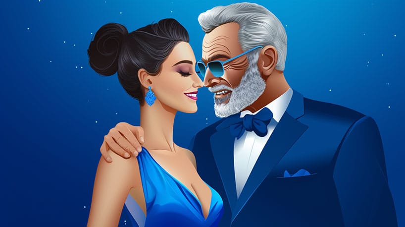 Jonge vrouw toont genegenheid aan oudere rijke man