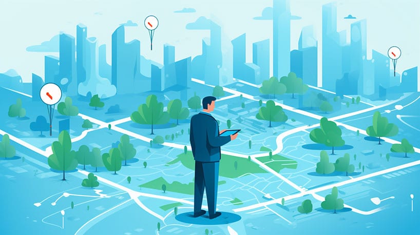 Persoon bekijkt kaart, controleert operationele regio's relatiebemiddelingsbureau