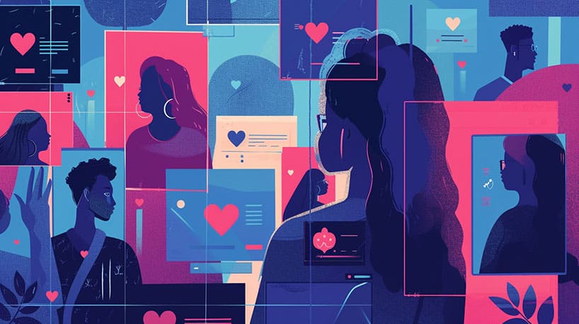 Collage van screenshots van verschillende online datingplatforms met beoordelingen van "Welke online datingsite?".